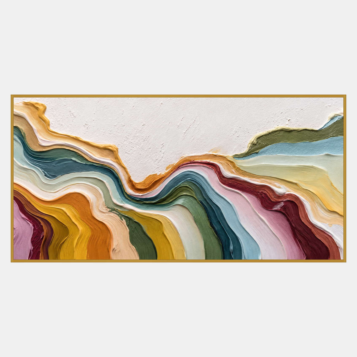 Wide abstract with curved ochre, blue, green, pink, and burgundy bands below a broad white upper area.