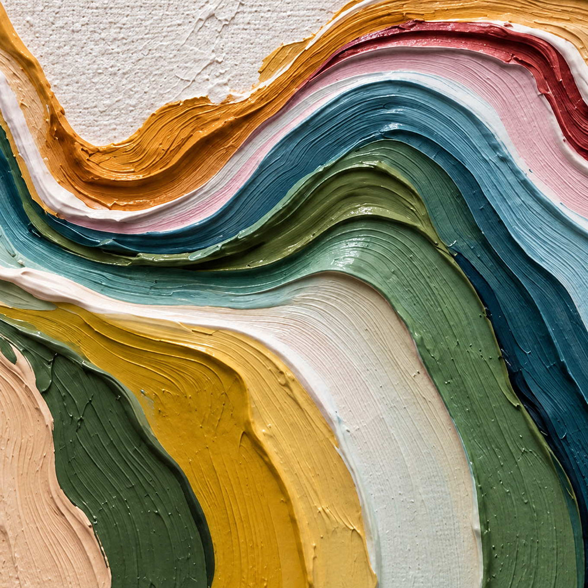 Close-up of parallel raised curves in ochre, pink, blue, green, and cream against white.