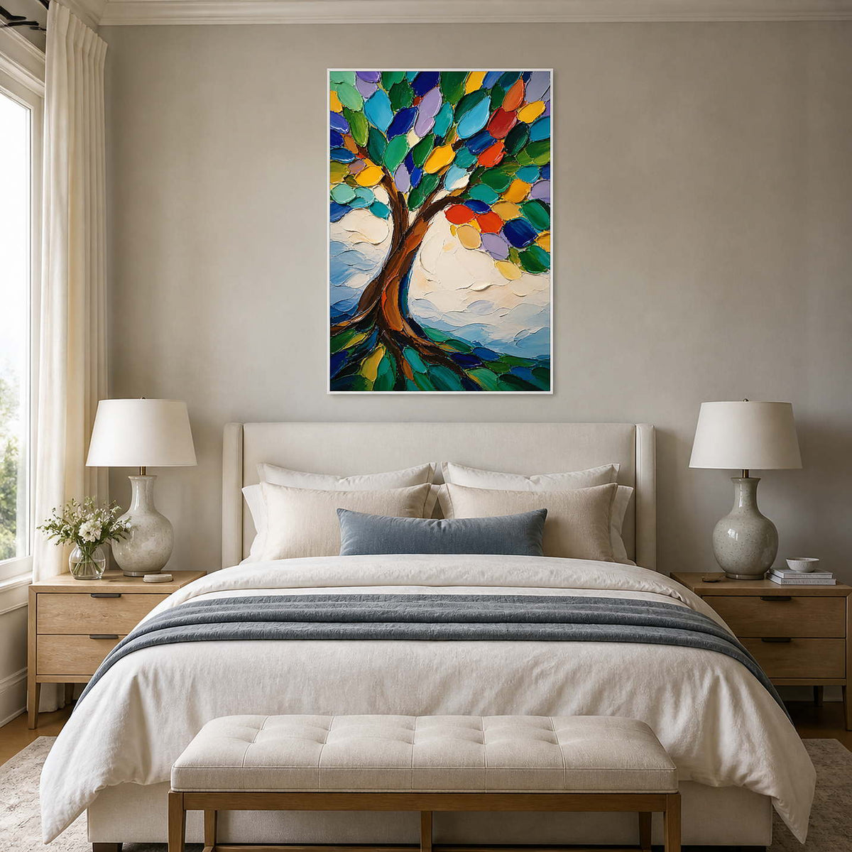 Bright multicolor tree canvas above a calm neutral bedroom interior.