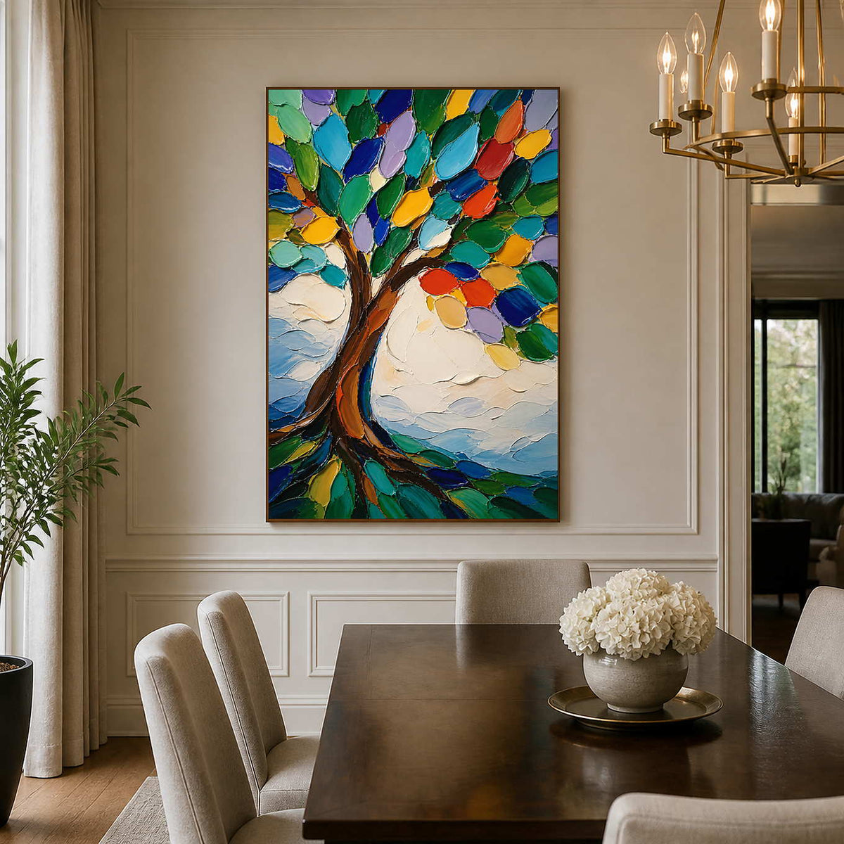 Colorful palette-knife tree wall art brings joyful energy to an elegant dining room.