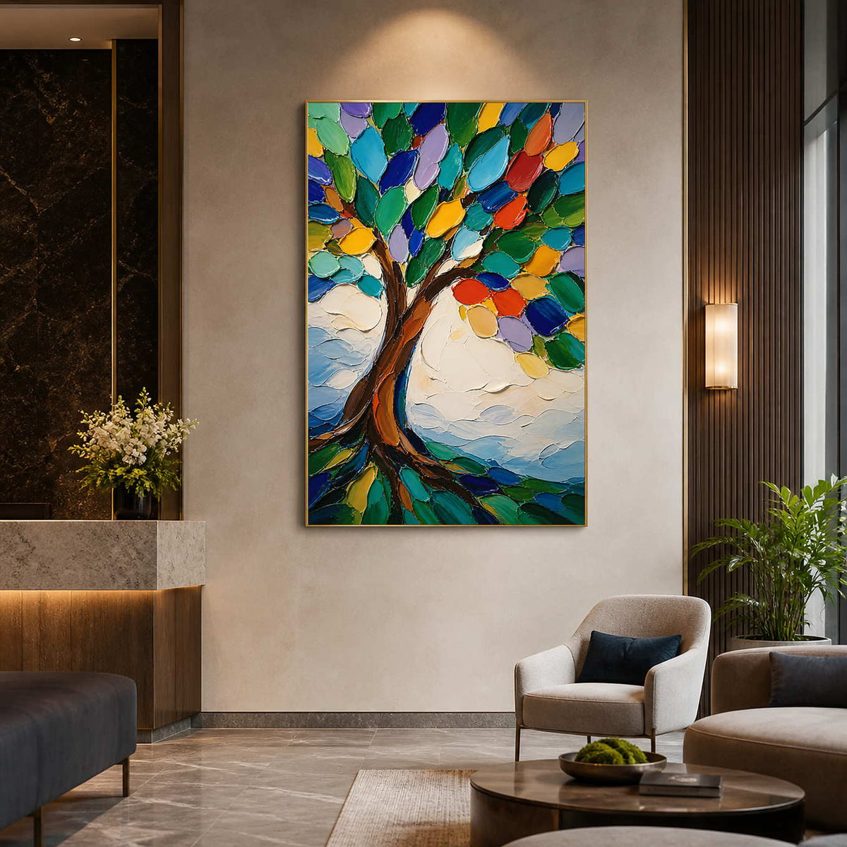 Colorful hand-painted tree canvas in a modern gallery lounge setting.