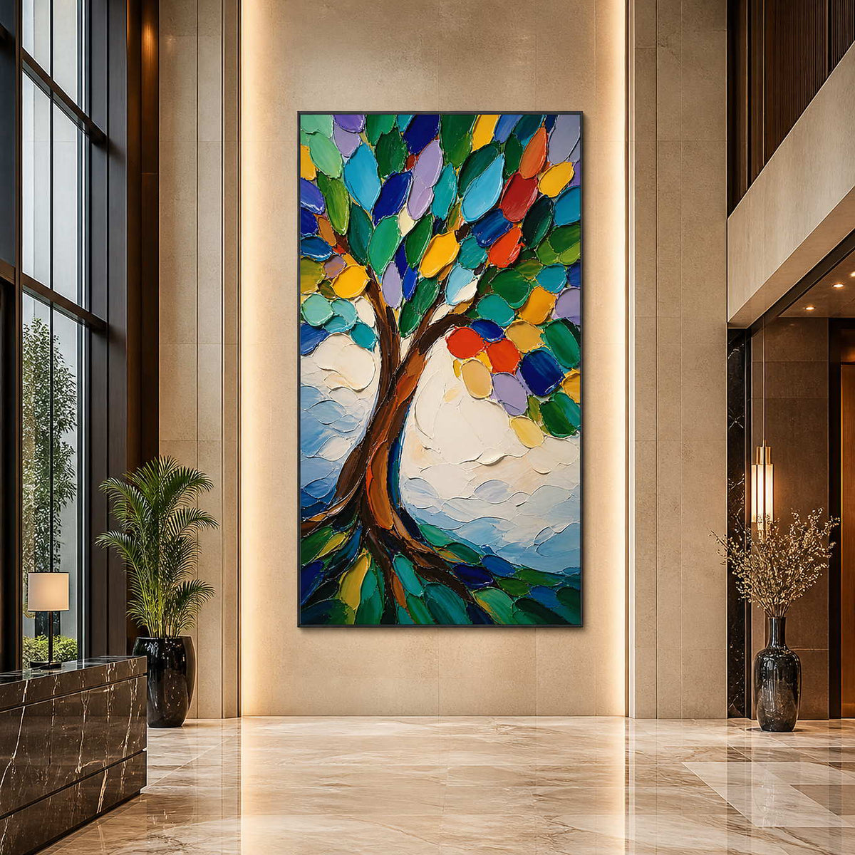 Vibrant textured tree painting displayed in a tall contemporary hotel lobby.