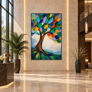 Vibrant textured tree painting displayed in a tall contemporary hotel lobby.