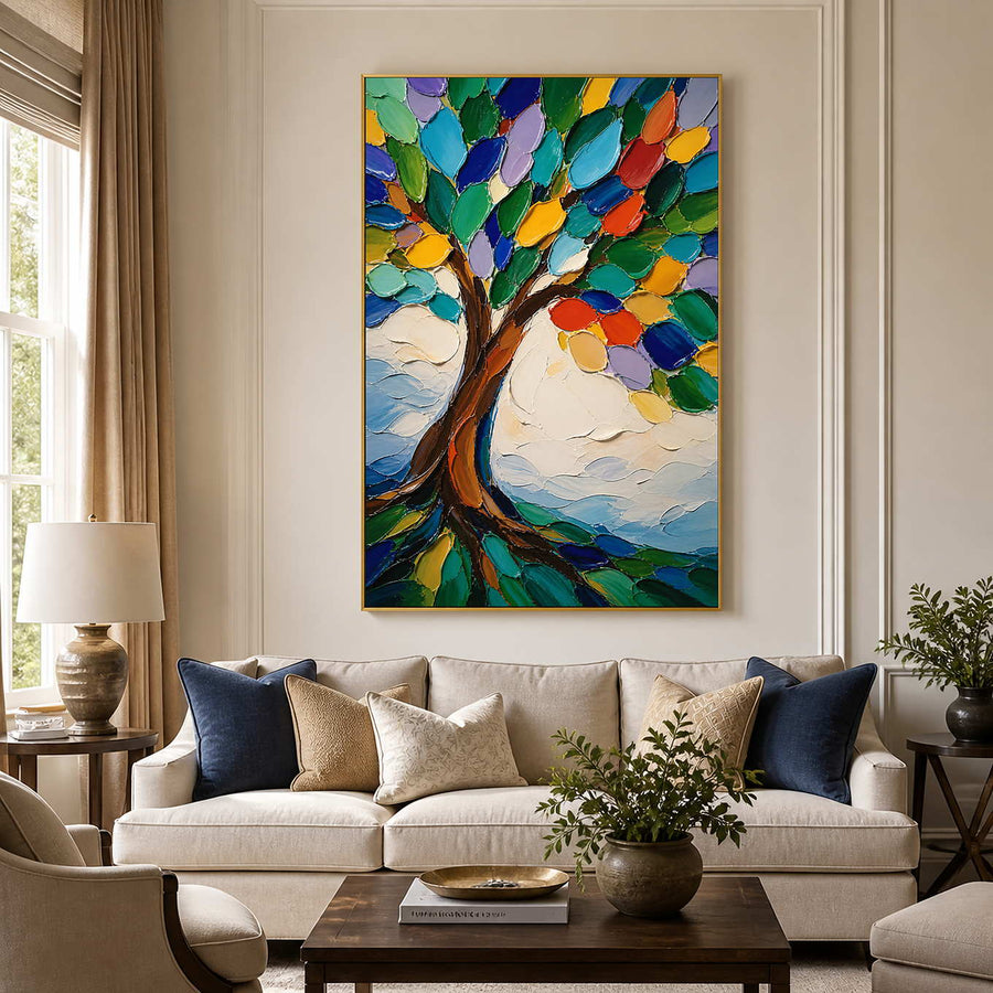 Colorful textured tree wall art above a neutral living room sofa.