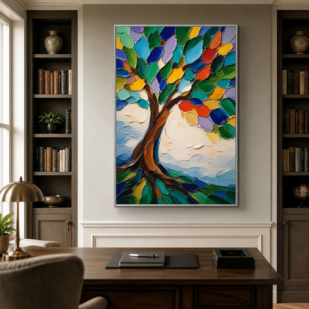 Vertical textured tree artwork creates a colorful focal point in a refined home office.