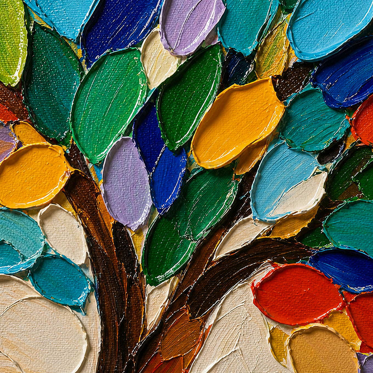 Close-up of thick emerald, teal, cobalt, violet, ochre, and coral palette-knife leaves.