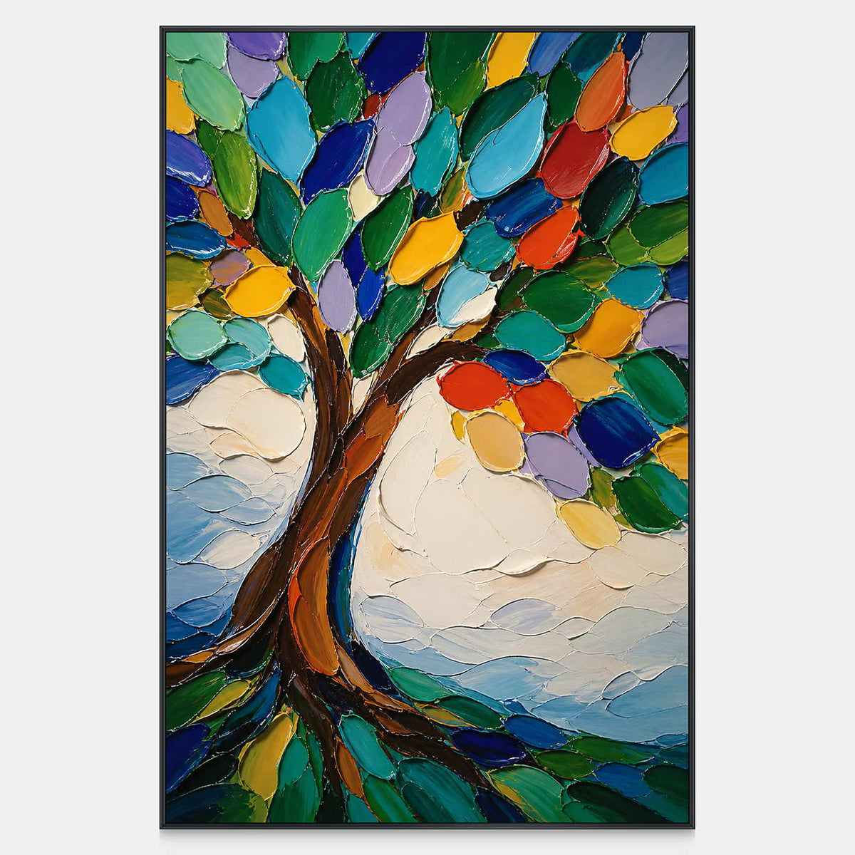 Hand-painted vertical tree canvas with thick multicolor palette-knife leaves and a flowing brown trunk.