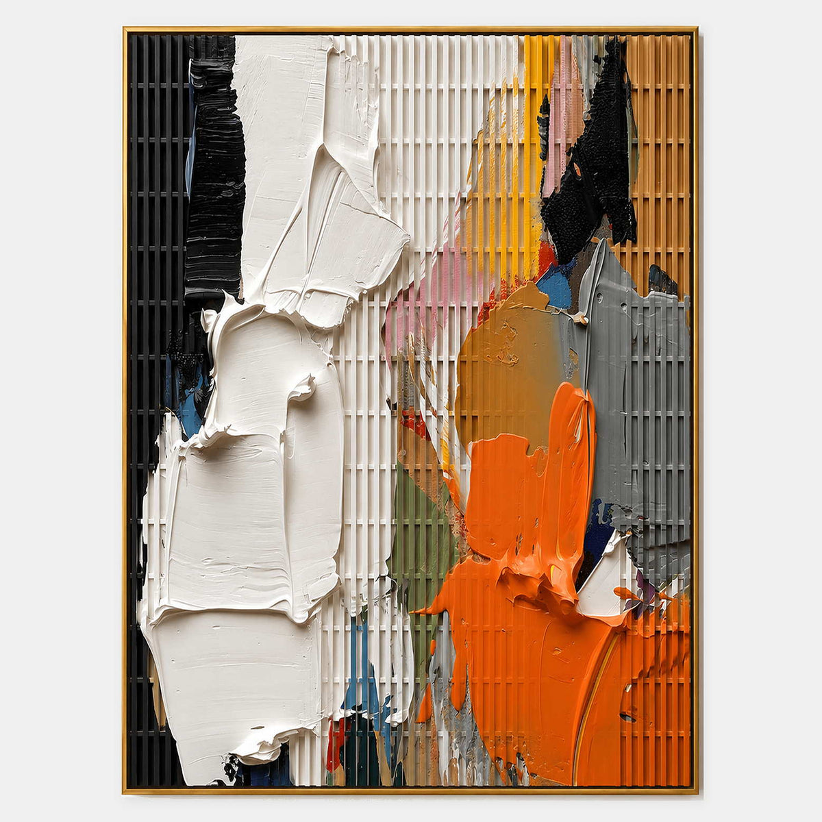 Hand-painted textured abstract canvas with bold orange and black accents.