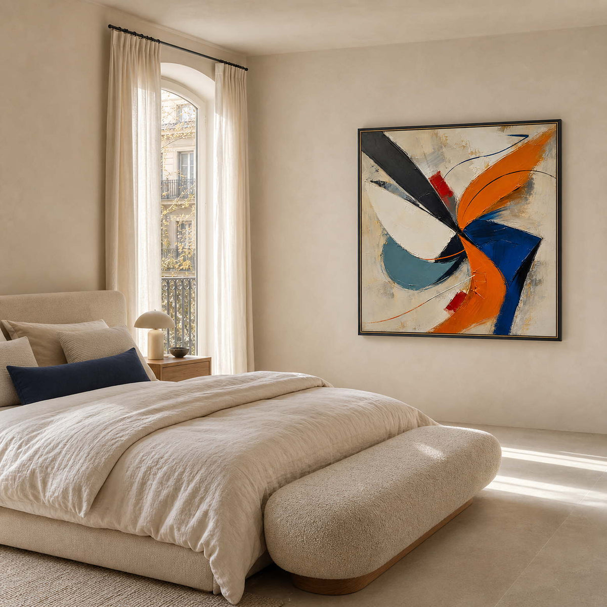 Textured Abstract Wall Art displayed above a calm modern bedroom.