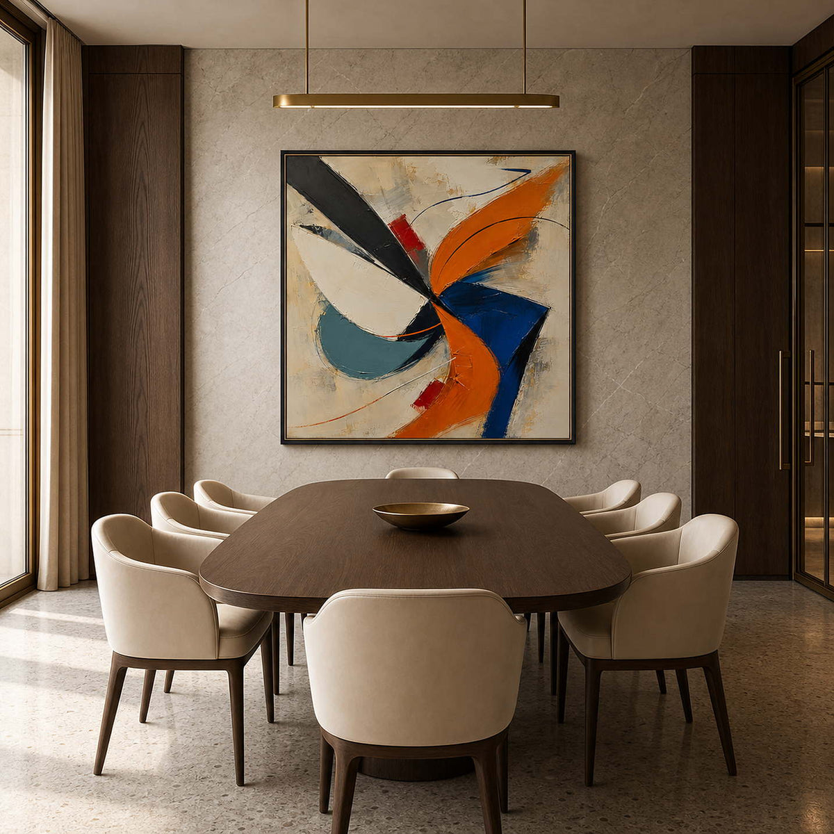 Textured Abstract Wall Art styled in an elegant modern dining room.
