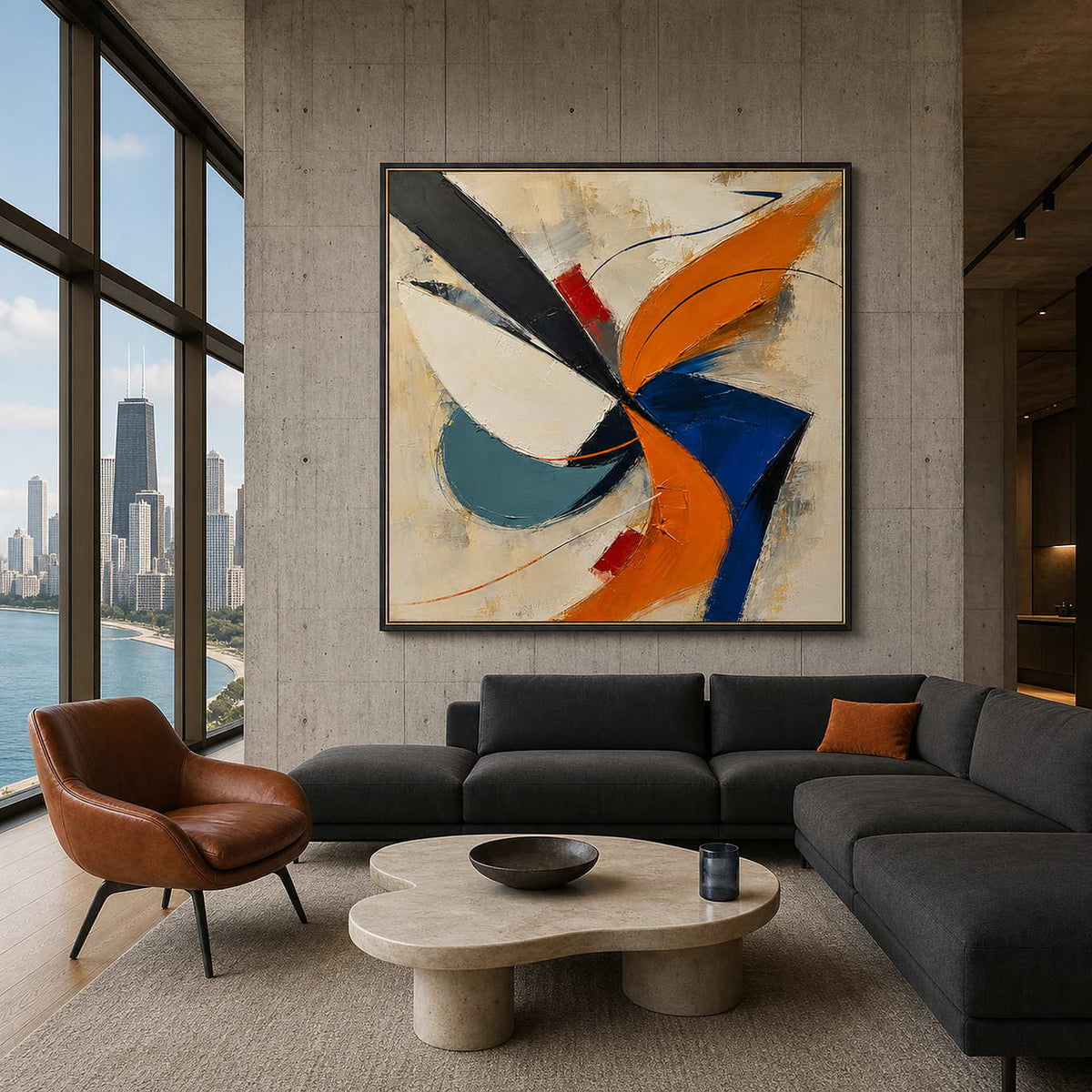 Textured Abstract Wall Art styled above a contemporary living room sofa.