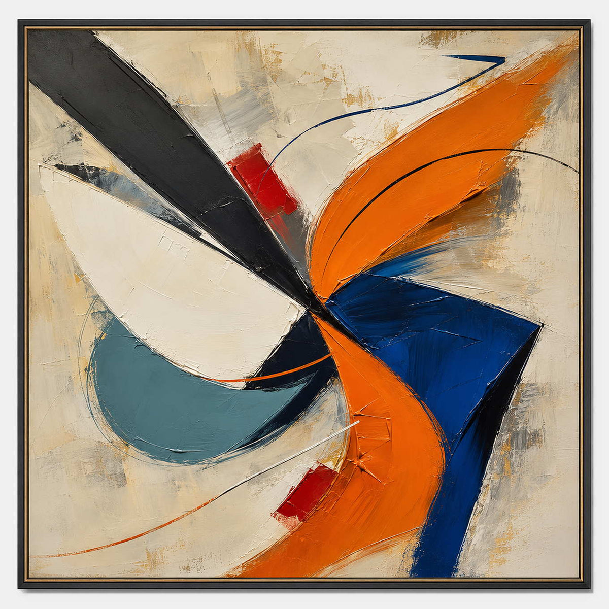 Textured abstract canvas with sweeping orange, navy, and teal arcs.