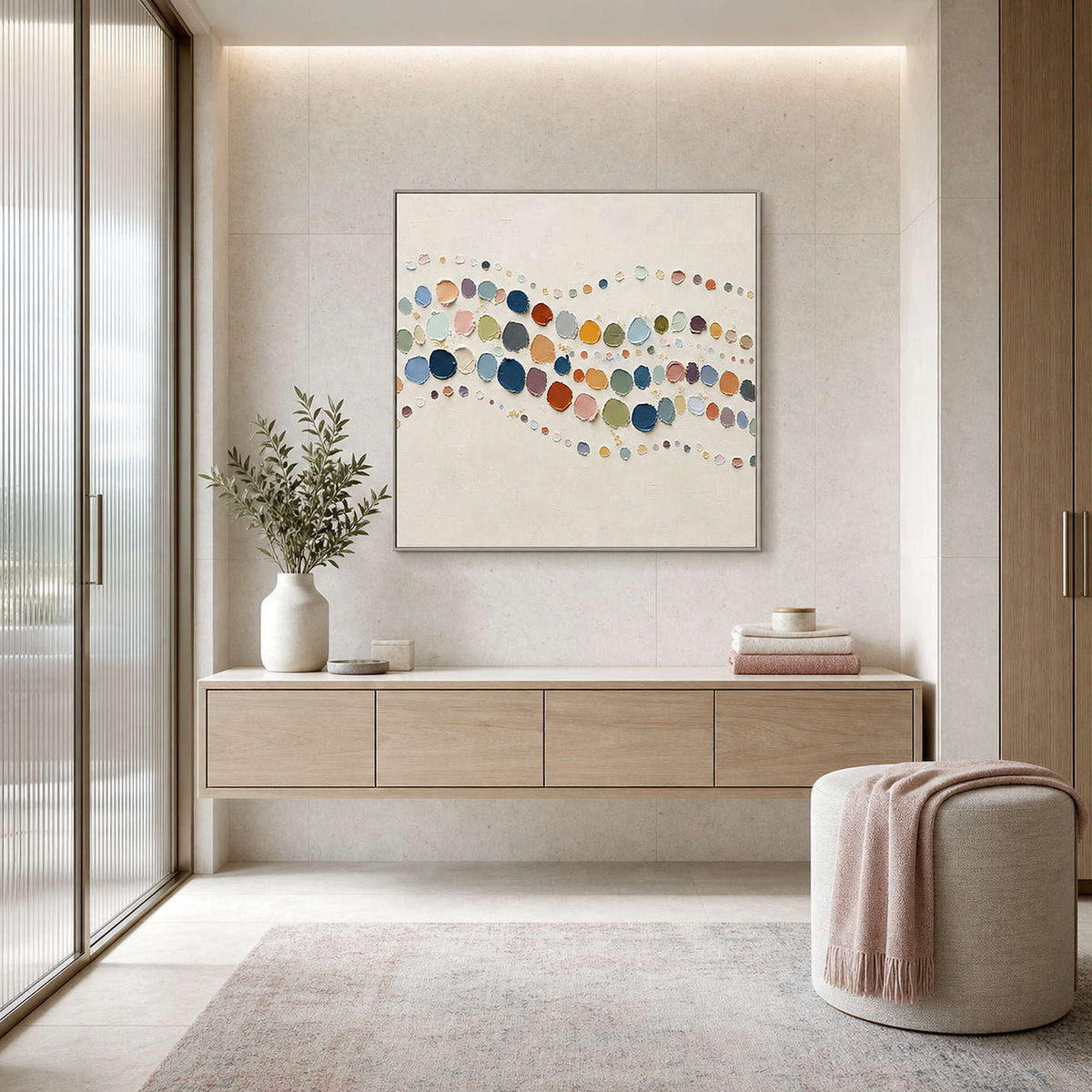 Airy textured abstract wall art in a serene modern bathroom.