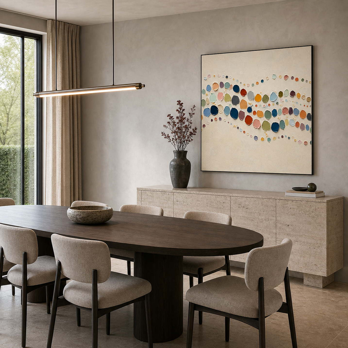 Textured abstract painting displayed in a modern neutral dining room.