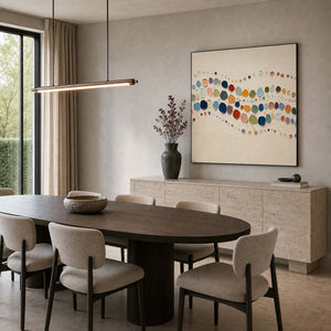 Textured abstract painting displayed in a modern neutral dining room.
