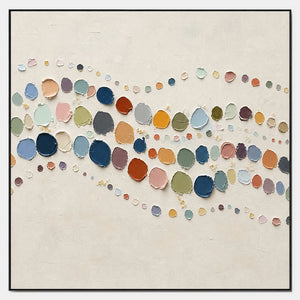 Hand-painted abstract canvas with curved rows of colorful raised marks.