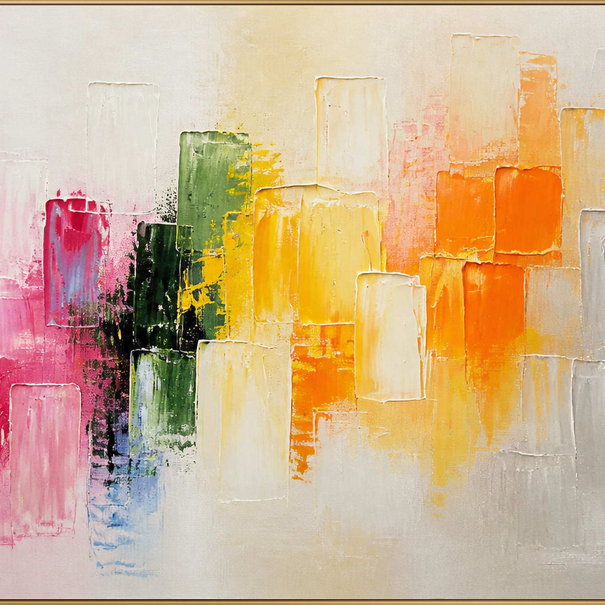 Close-up of raised pink, green, yellow, orange, blue, and ivory palette-knife blocks.