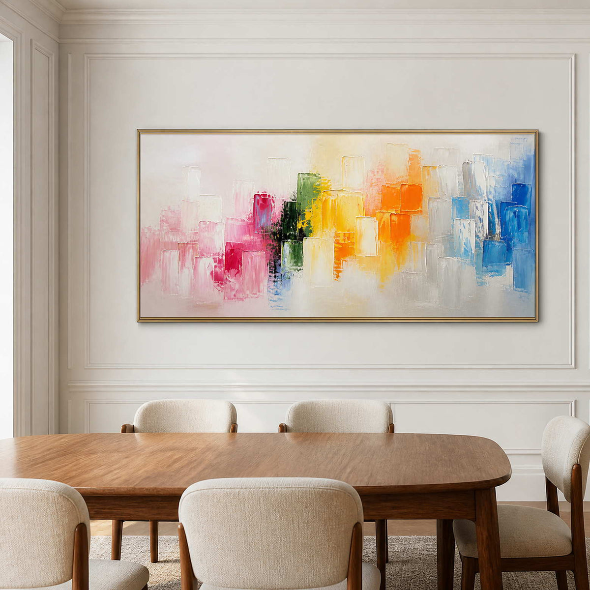 Colorful panoramic abstract art adds lively contrast to a modern dining room.