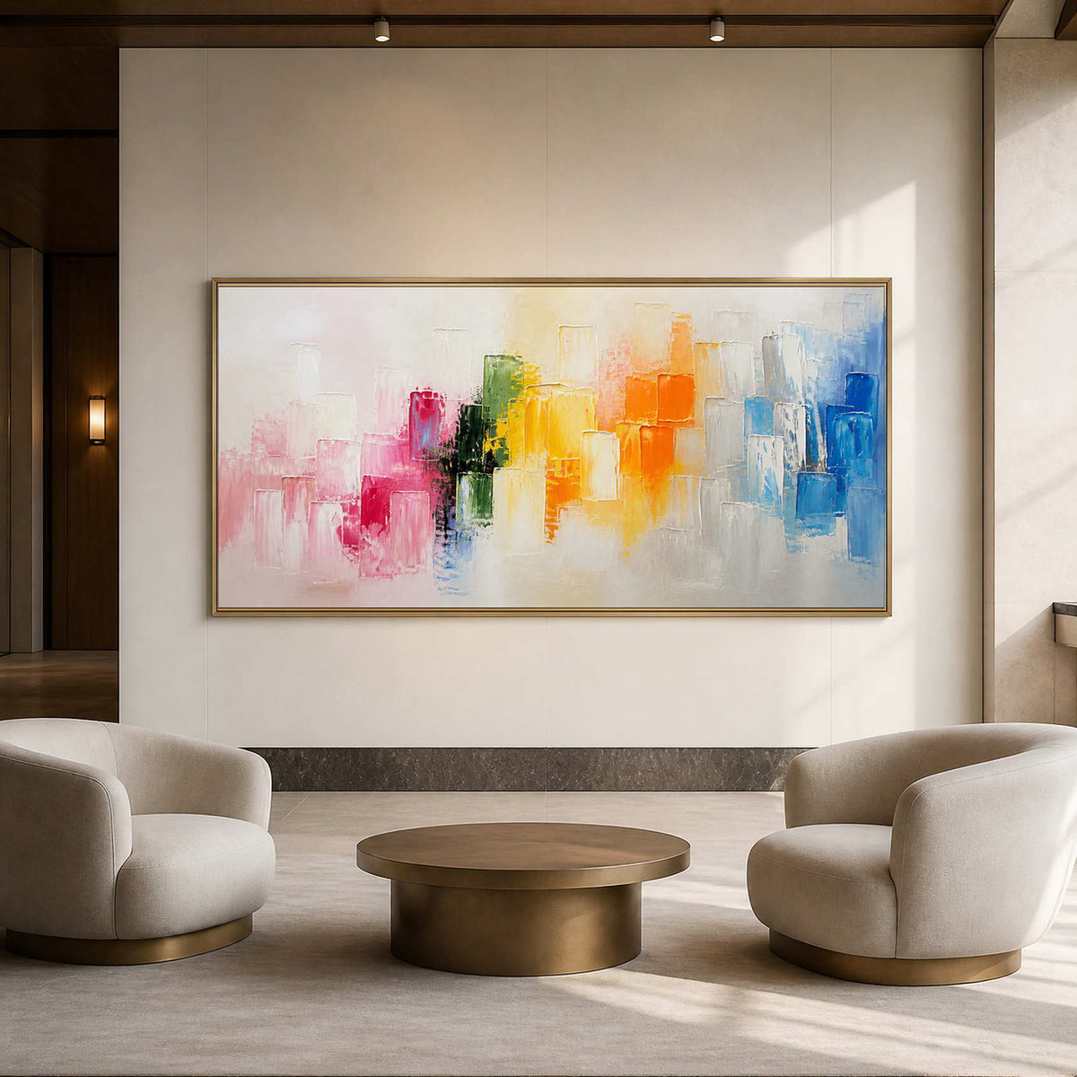 Colorful textured abstract canvas in a minimalist gallery lounge.