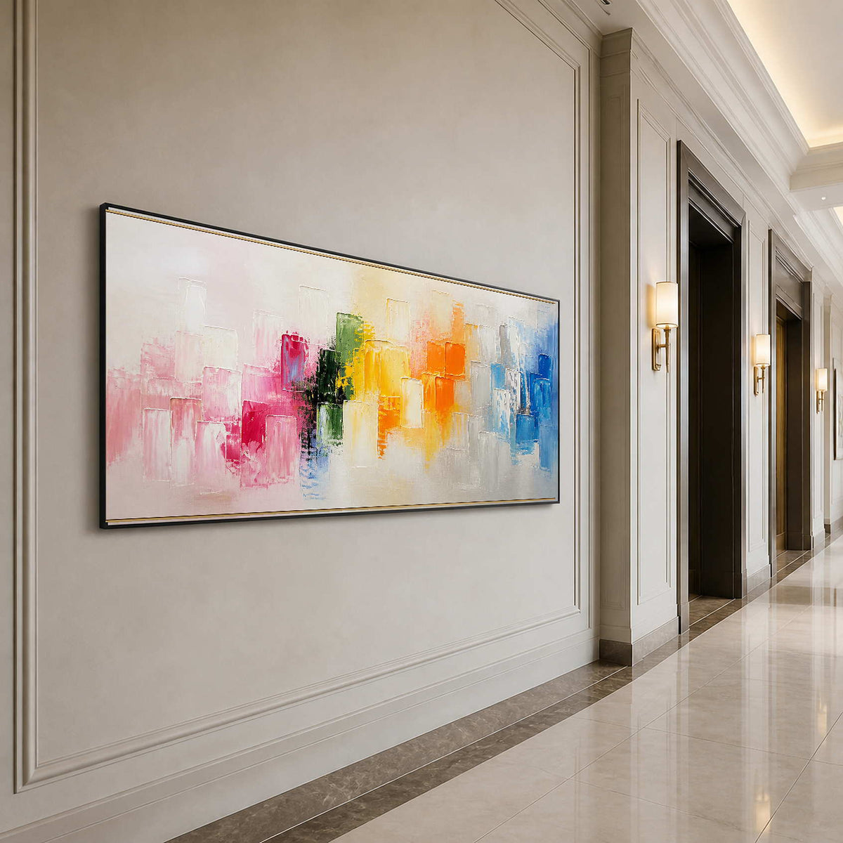 Panoramic multicolor wall art stretches across an elegant hallway.
