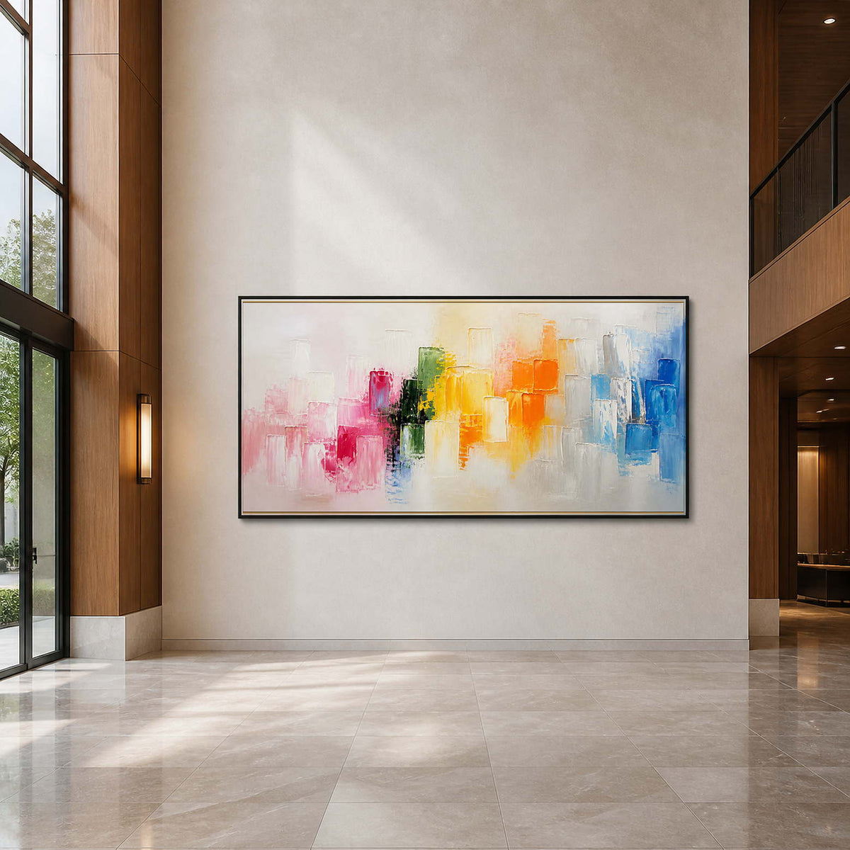 Bright multicolor abstract painting displayed in a contemporary hotel lobby.