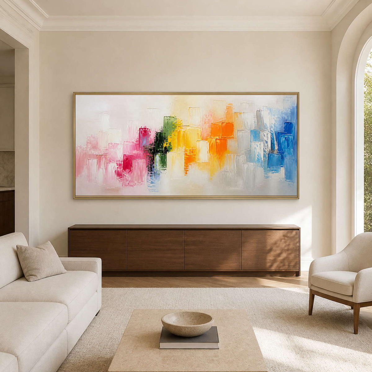 Multicolor panoramic textured abstract wall art in a bright neutral living room.
