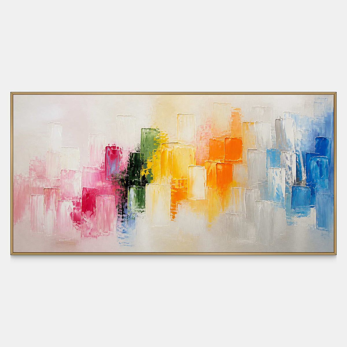 Hand-painted panoramic abstract canvas with pink, green, yellow, orange, blue, and ivory blocks.