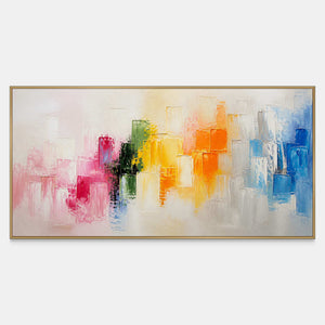 Hand-painted panoramic abstract canvas with pink, green, yellow, orange, blue, and ivory blocks.