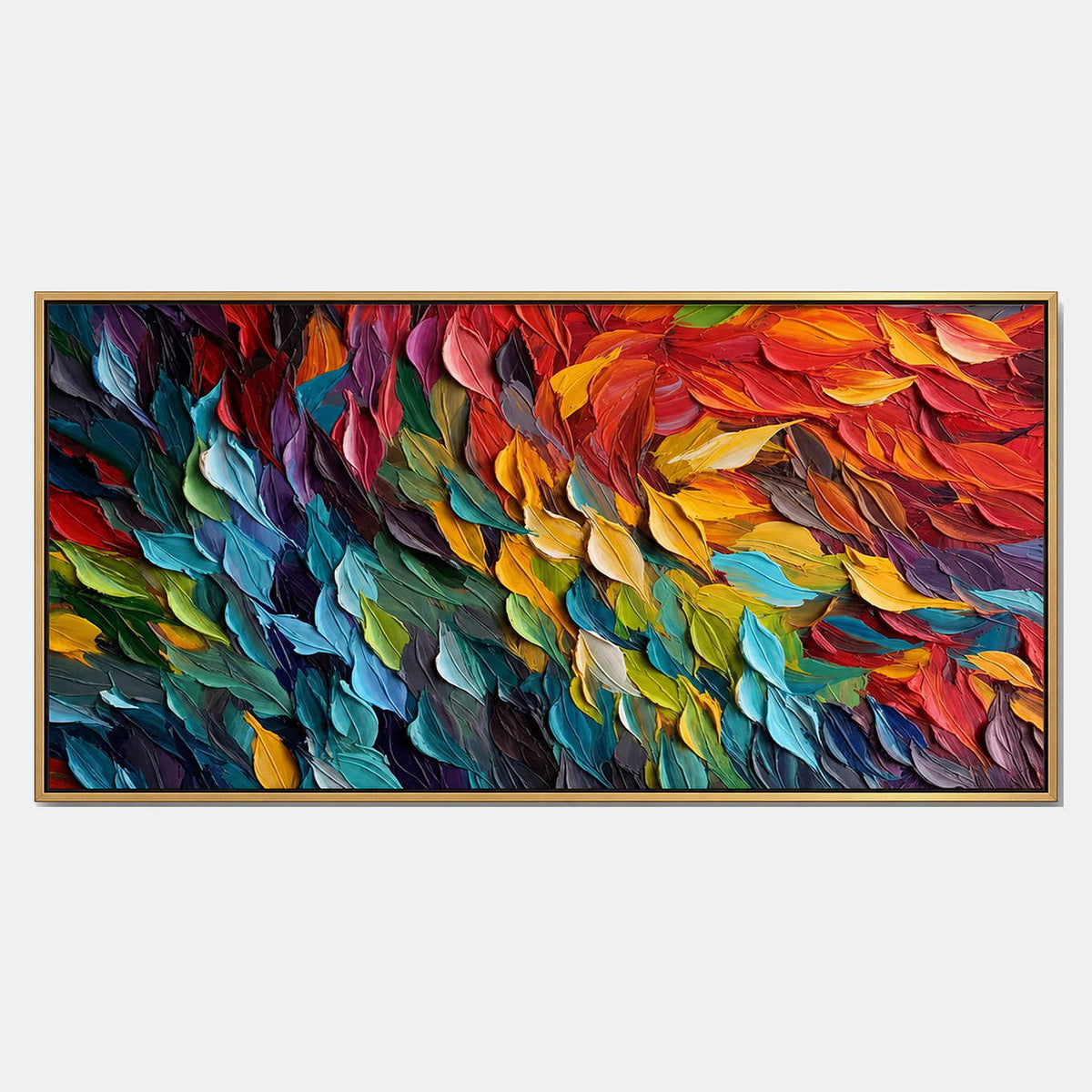Hand-painted textured abstract wall art with multicolor, blue, and warm tones tones.