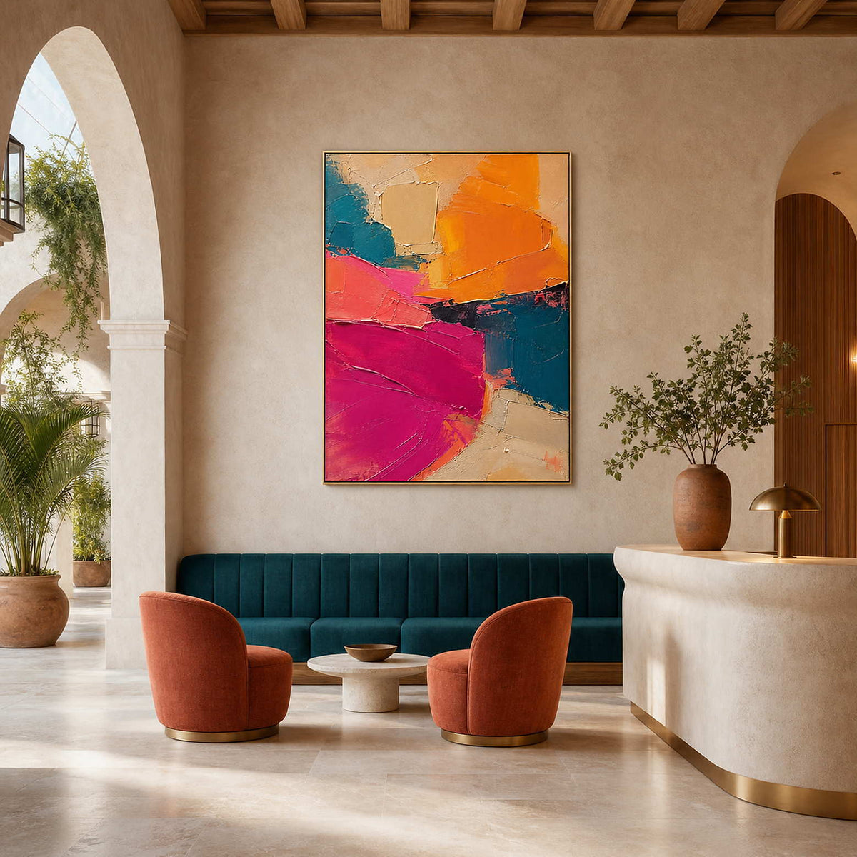 Textured Abstract Wall Art displayed in a refined colorful lounge.
