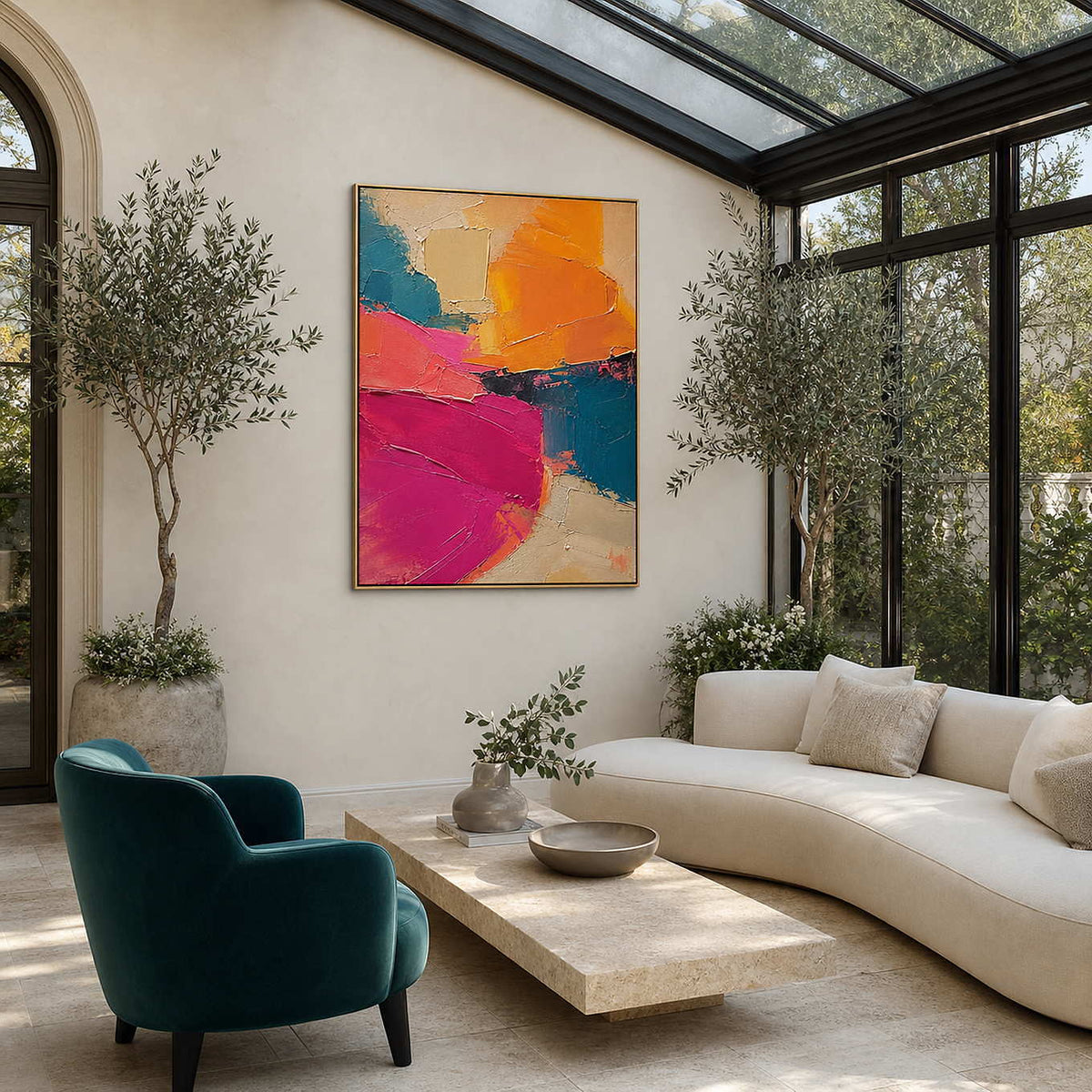 Textured Abstract Wall Art displayed in a refined sunroom living room.
