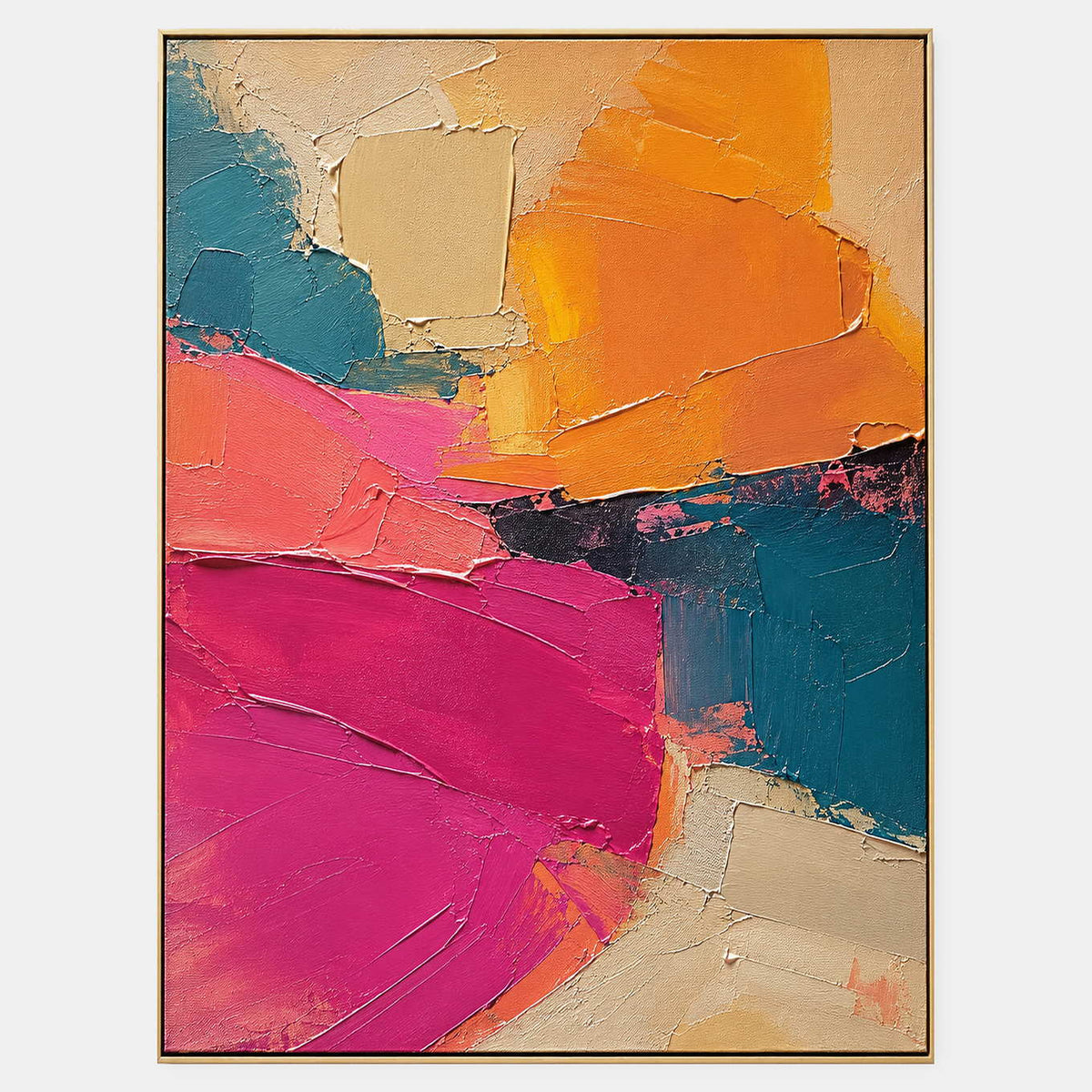 Textured abstract canvas in vivid fuchsia, orange, teal, and cream.
