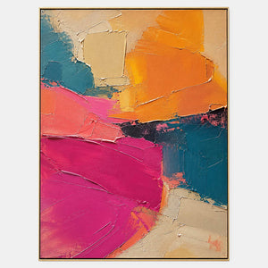Textured abstract canvas in vivid fuchsia, orange, teal, and cream.