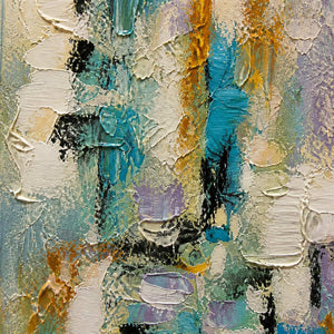 Close-up of turquoise, ivory, ochre, black, and lavender impasto texture.