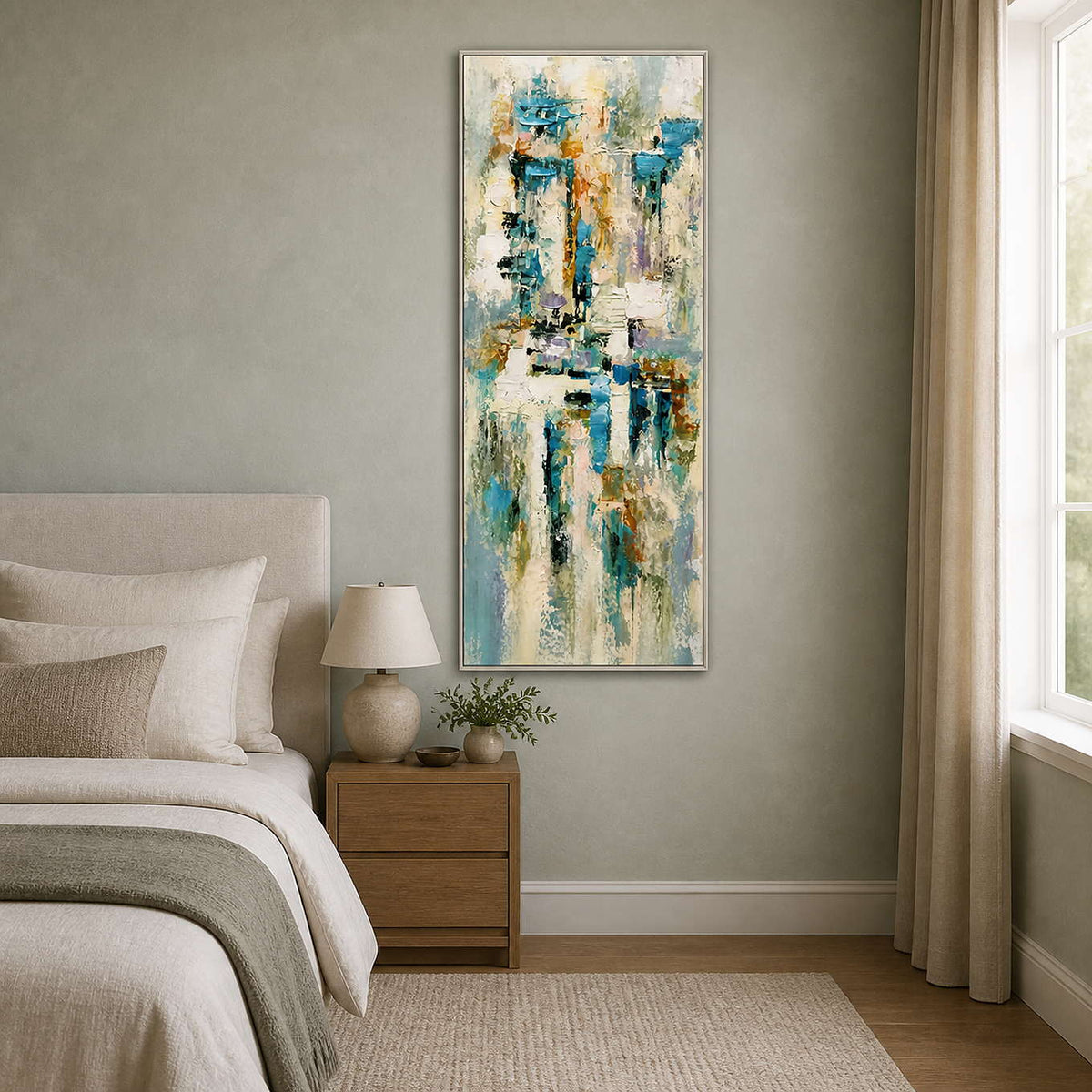 Tall turquoise abstract artwork displayed beside a serene modern bedroom.