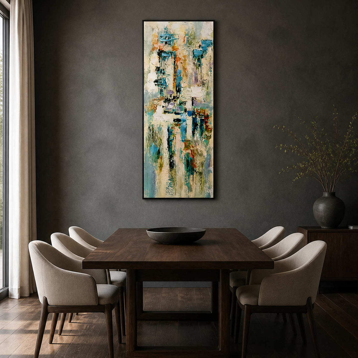 Slender colorful abstract painting displayed in a dark graphite dining room.