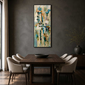 Slender colorful abstract painting displayed in a dark graphite dining room.