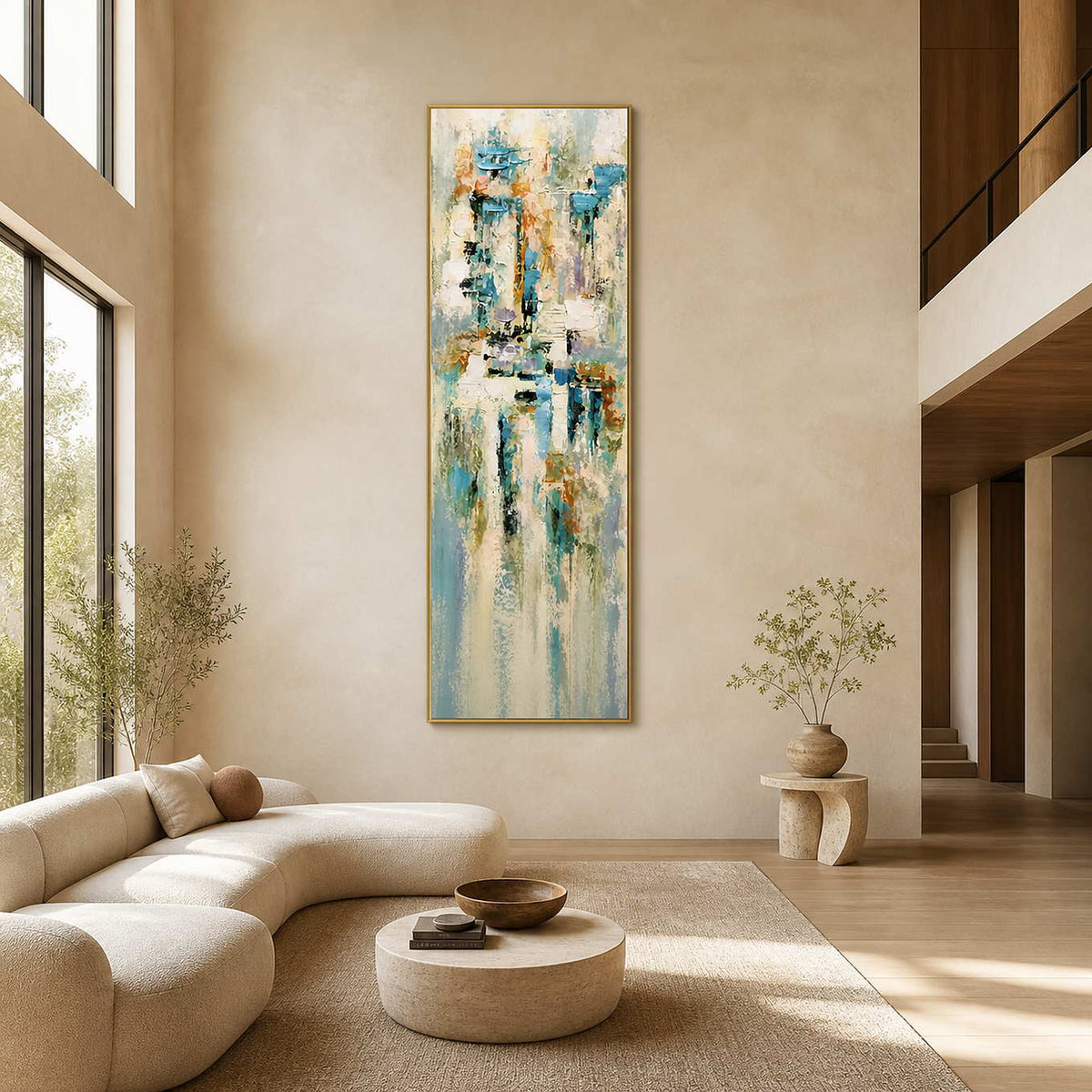 Tall textured abstract wall art displayed in a double-height modern living room.