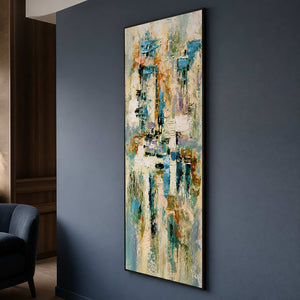 Tall abstract painting displayed against a deep blue-gray lounge wall.