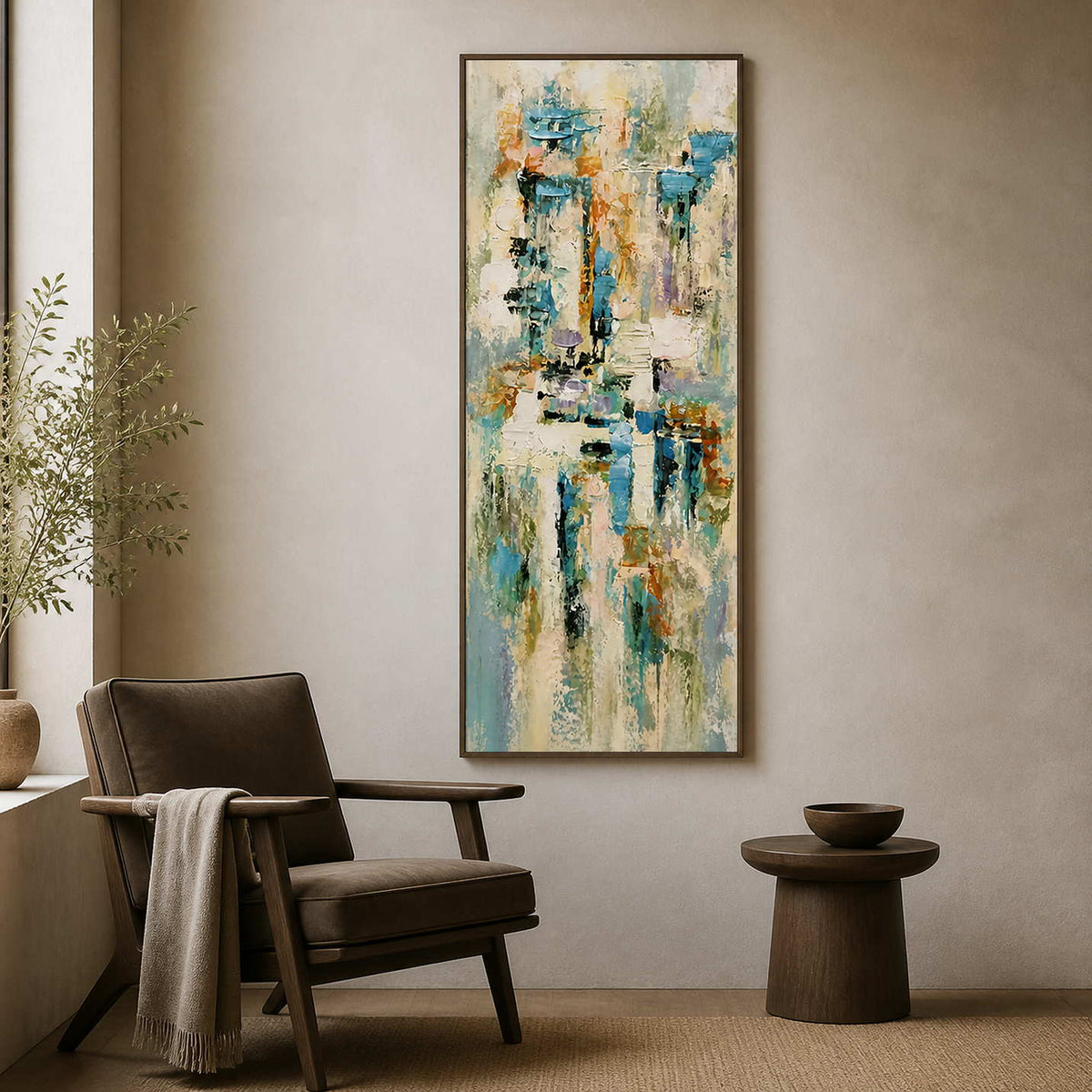 Vertical textured artwork displayed in a quiet neutral reading room.