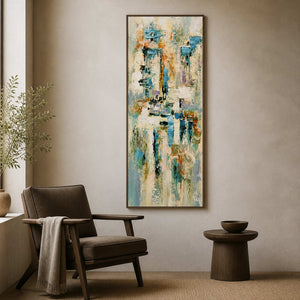 Vertical textured artwork displayed in a quiet neutral reading room.