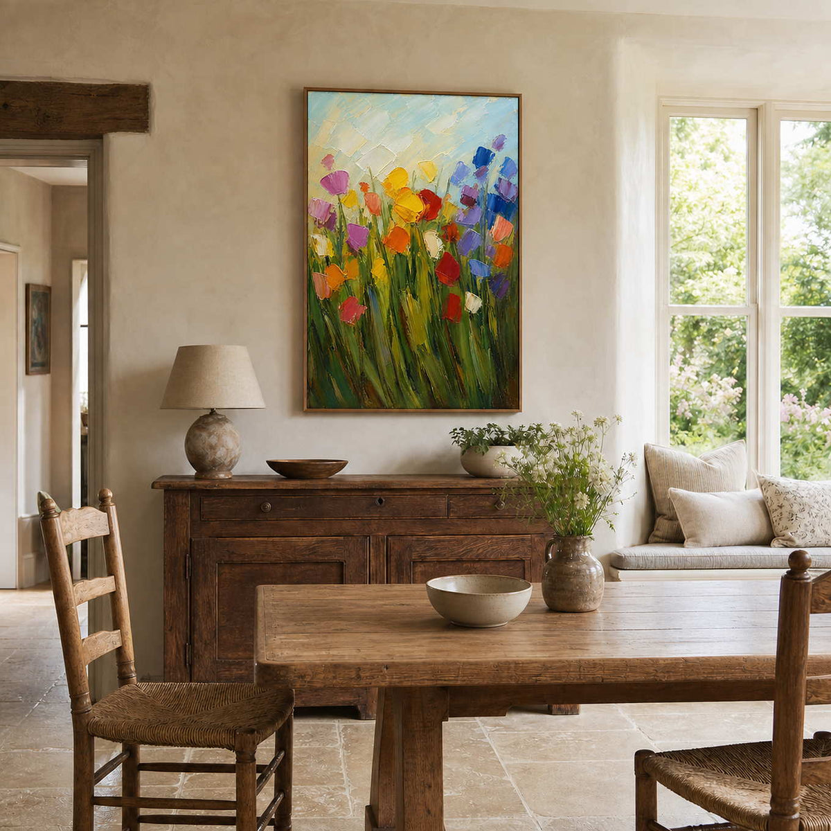 Vertical floral wall art displayed in a sunlit English country breakfast room.
