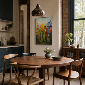Vertical meadow wall art displayed in a warm Amsterdam dining kitchen.