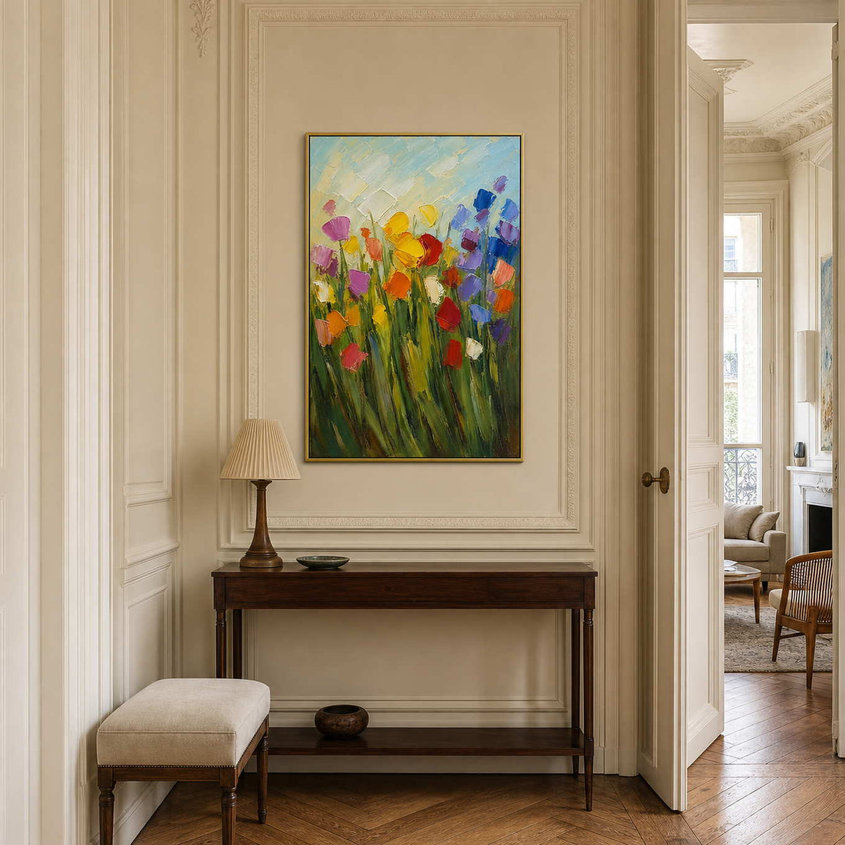 Colorful floral wall art displayed in an elegant Parisian entryway.