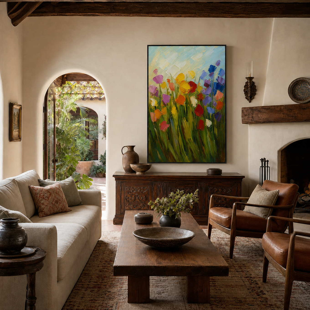 Colorful textured floral wall art displayed in a warm Spanish Revival living room.