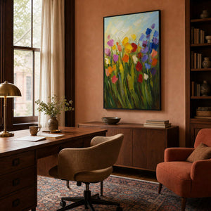 Textured floral wall art displayed in a warm Brooklyn home office.