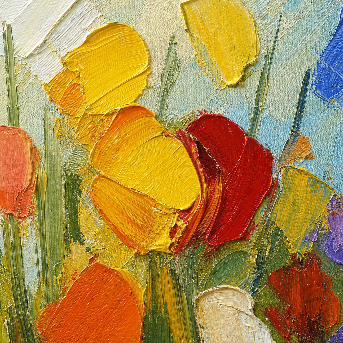 Close-up of thick yellow, orange, red, and green palette-knife texture.