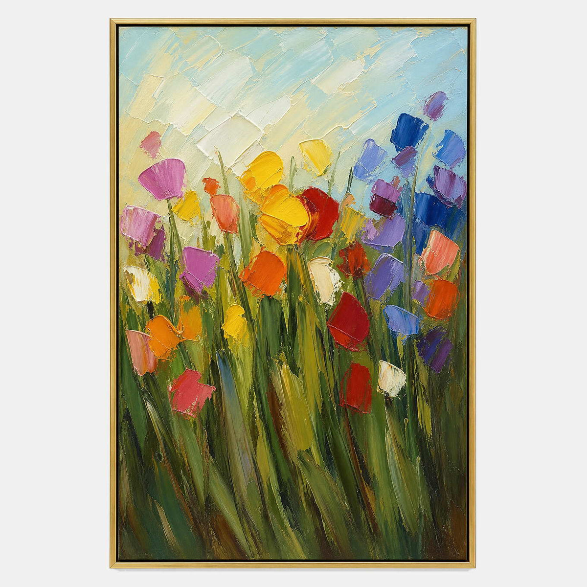 Hand-painted vertical meadow with multicolor blooms and tall olive-green stems.