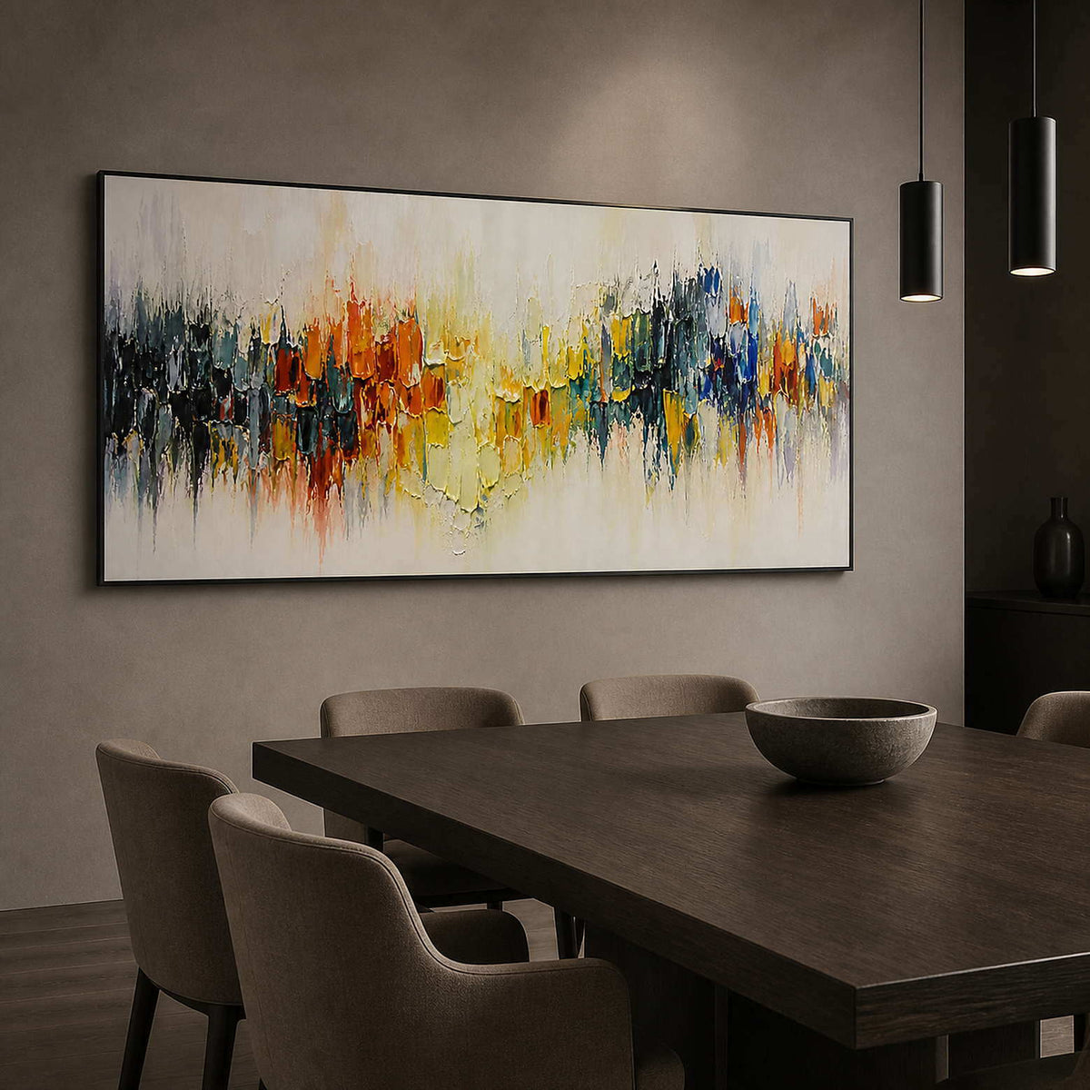 Orange, yellow, teal, and blue abstract painting in a dining room.