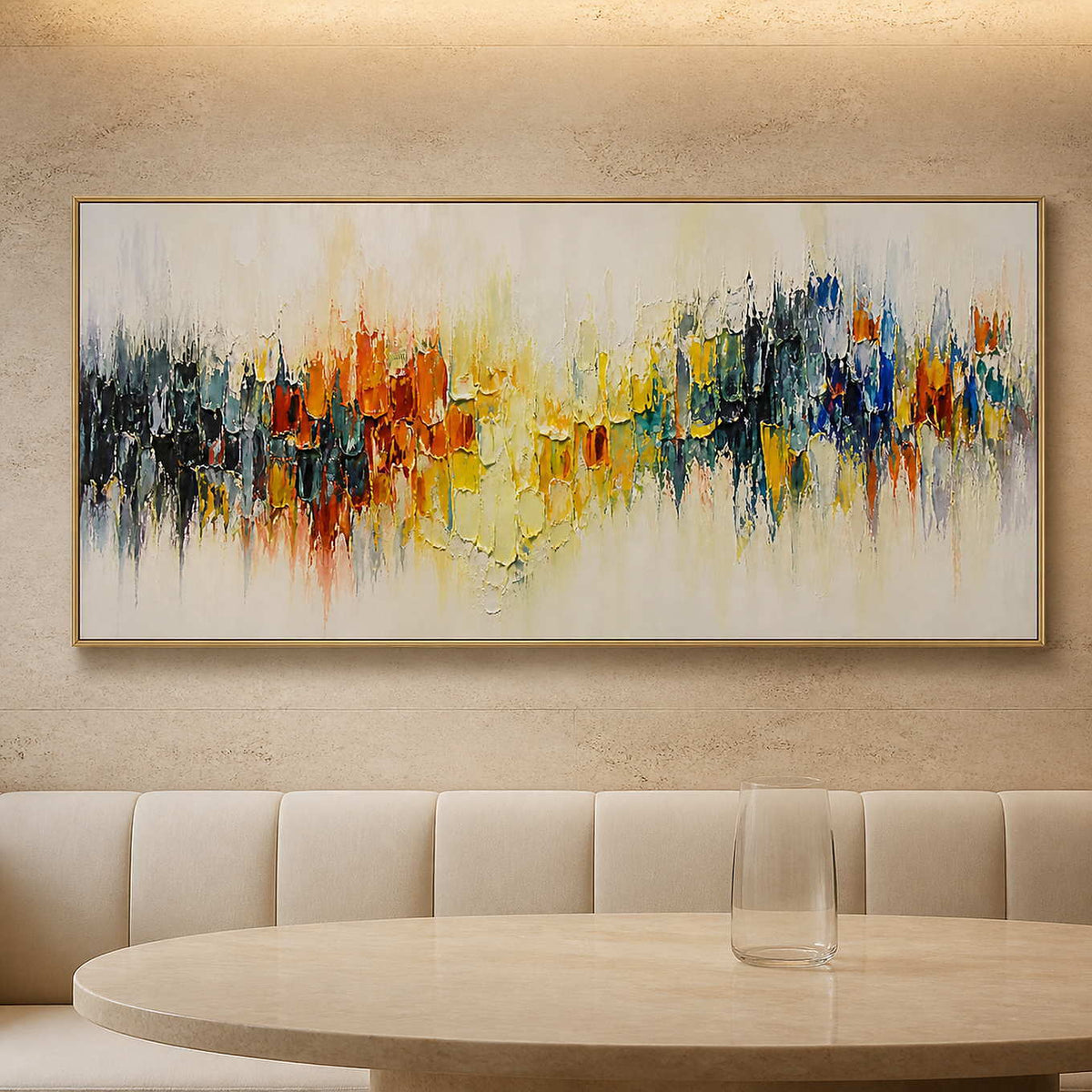 Vivid textured abstract canvas in a boutique hotel lounge.